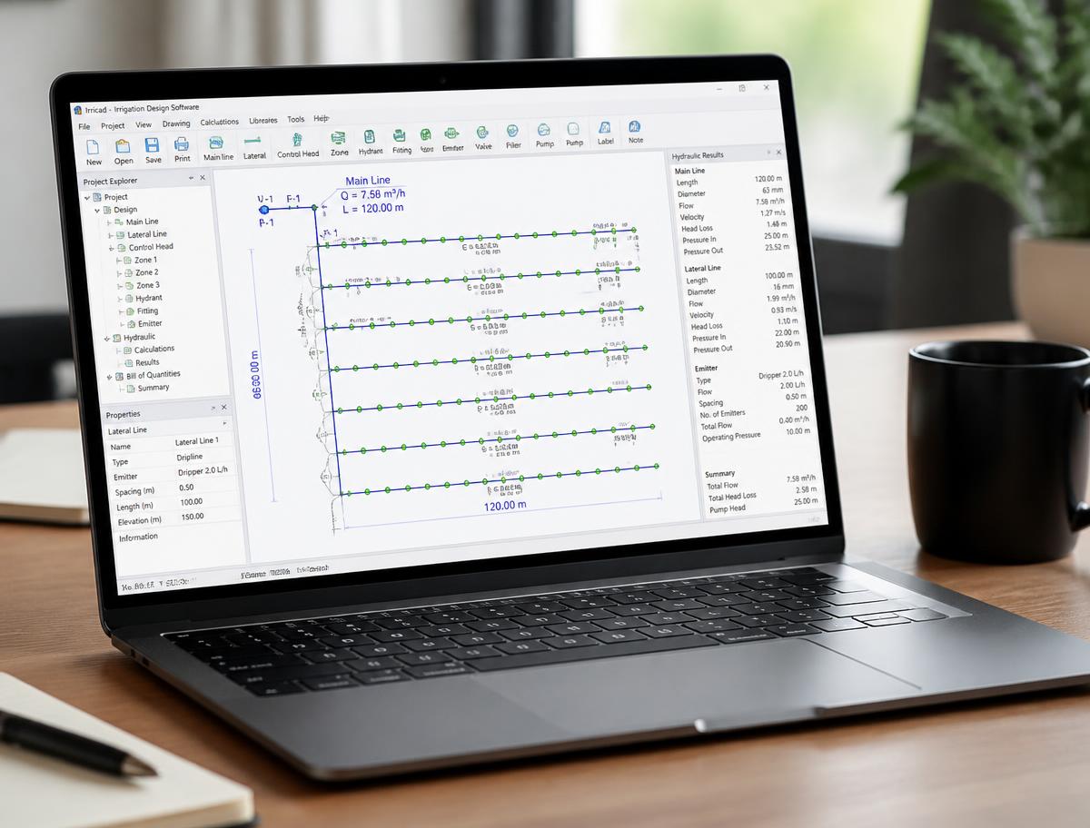 Projeto de irrigação em Irricad na tela de um notebook